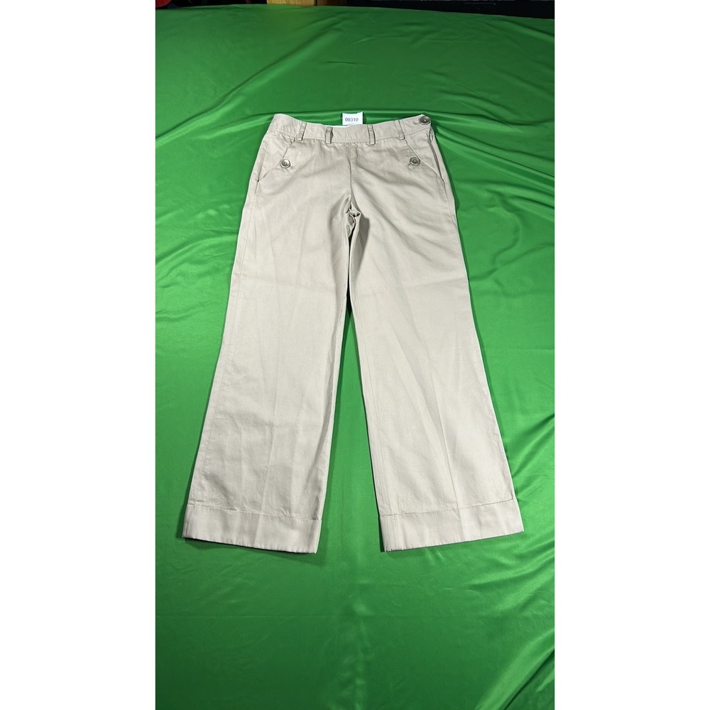 Sharagano Beige Linen Blend Wide Leg Trousers Khaki Sailor Button Size 8